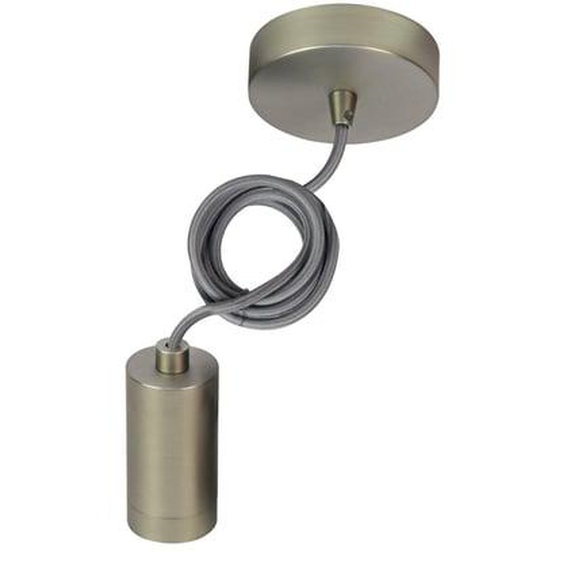 Suspension E27 avec douille cylindrique et pavillon acier brossé + câble textile gris 2 m