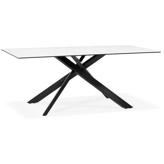 Table à diner MARKINA en céramique blanche avec pied central en x noir - 180x90 cm