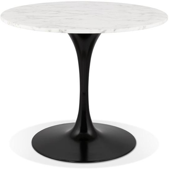 Table à dîner ronde URSUS en pierre blanche effet marbre et métal noir - Ø 90 cm
