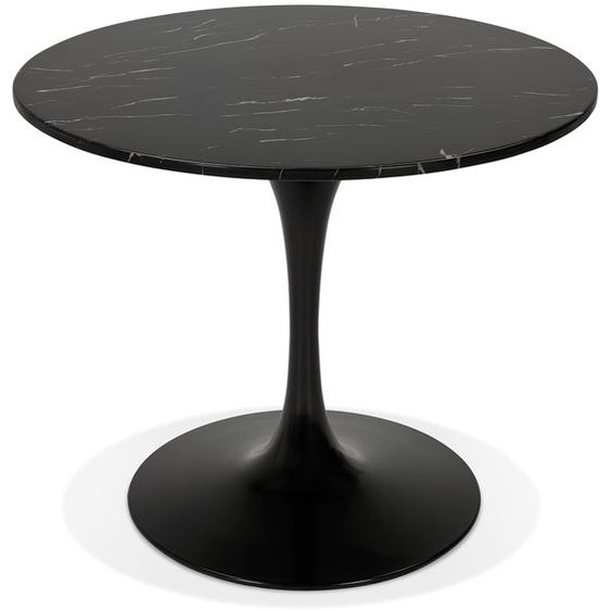 Table à dîner ronde URSUS en pierre noire effet marbre et métal noir - Ø 90 cm