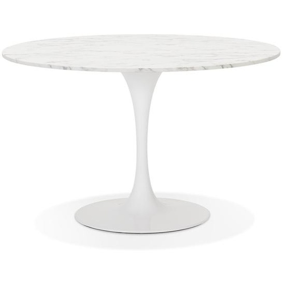 Table à dîner ronde WITNEY en pierre blanche effet marbre et métal blanc - Ø 120 cm