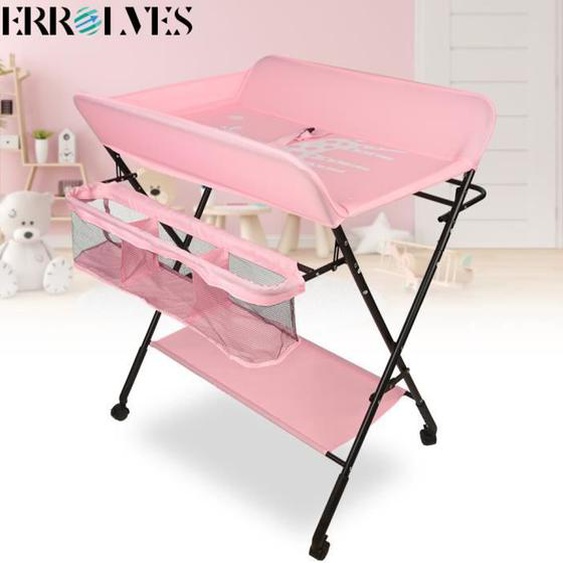 Table à Langer Pliable ERROLVES - Rose - Hauteur Réglable - Rangement pour Accessoires