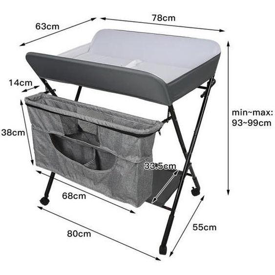 Table à Langer Pliable Keisha - Hauteur Réglable - Avec Rangement - Charge 30kg - Gris/Noir