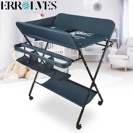 Table à Langer Pliable pour Bébé - ERROLVES - Bleu Foncé - Hauteur Réglable - 3 Compartiments de Rangement