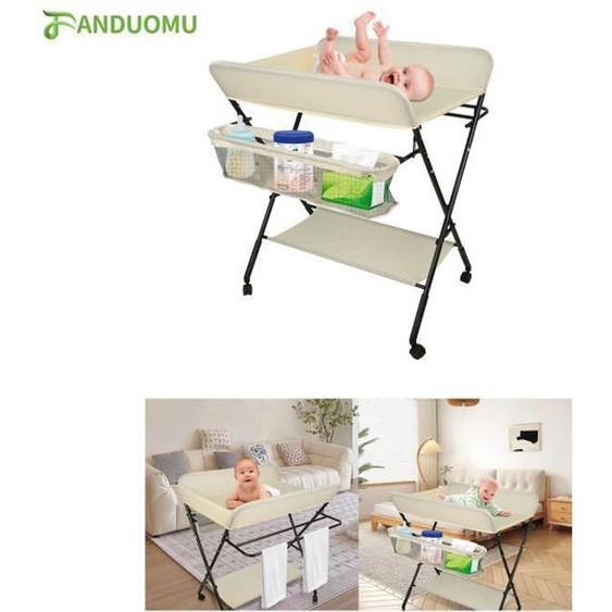 Table à Langer Pliante avec Panier de Rangement à Côté Structure en Fer Charge Max 25KG pour Nouveaux-Nés(Crème)