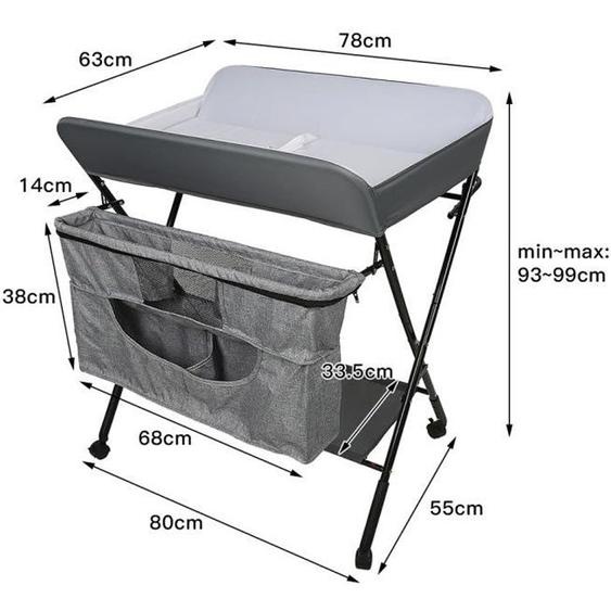 Table à langer pour bébé 4 en 1 - Pliable à roulettes - Charge 30kg - Structure en fer - 80*63*93-99 cm