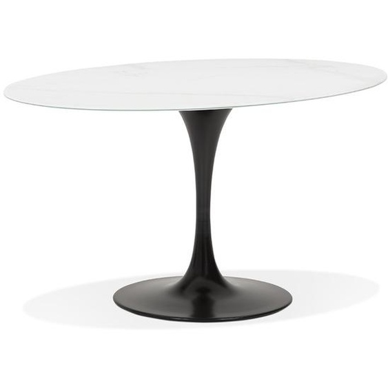 Table à manger CHAMAN ovale en verre blanc effet marbre et pied central noir - 160x105 cm
