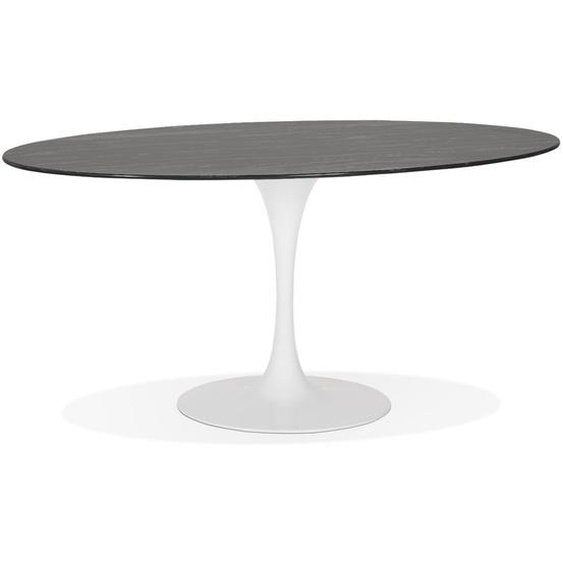 Table à manger CHAMAN ovale en verre noir effet marbre et pied central blanc - 160x105 cm