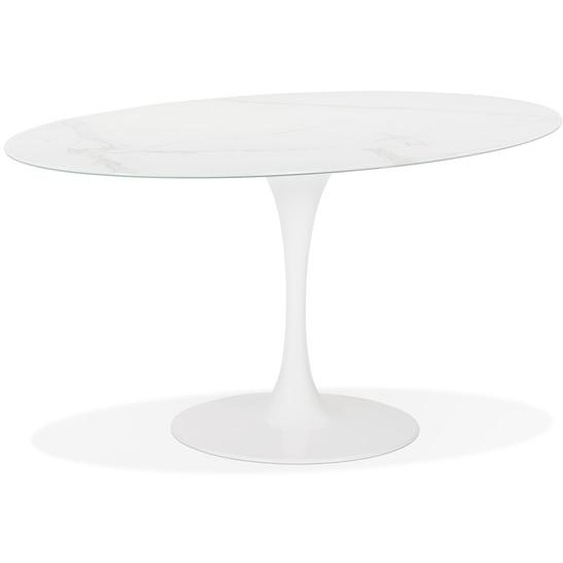 Table à manger design CHAMAN ovale blanche en verre effet marbre - 160x105 cm
