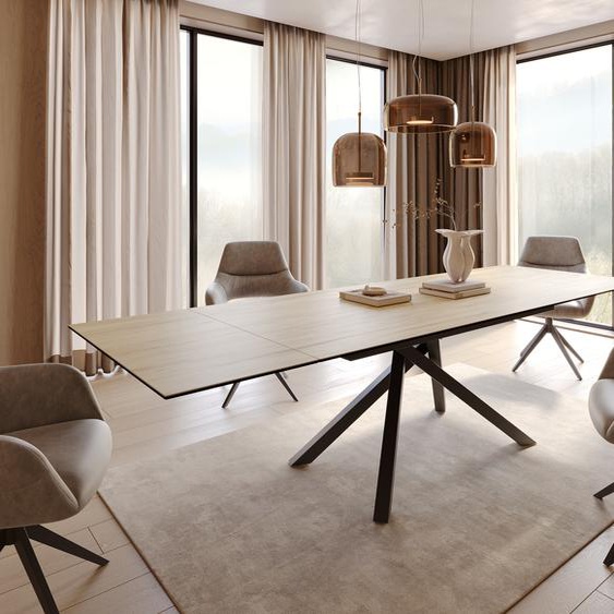 Table à manger Edge 200-300x100 céramique Laminam® Sabbia couleur chêne cadre croisé rectangulaire noir extensible, Tables de salle à manger