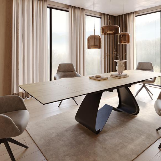 Table à manger Edge 200-300x100 céramique Laminam® Sabbia couleur chêne cadre en W noir extensible, Tables de salle à manger