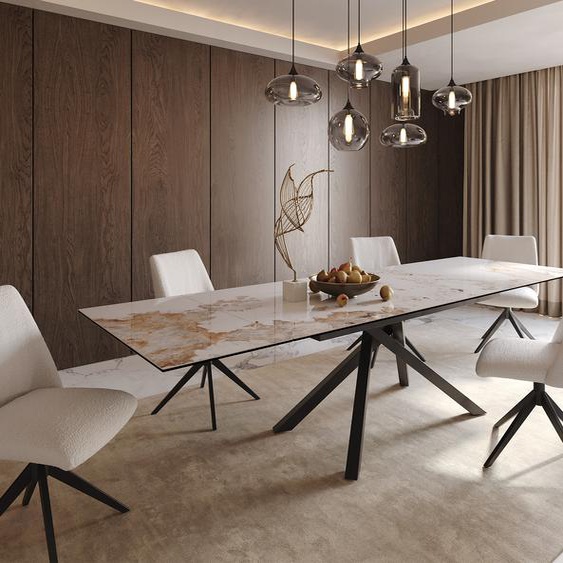 Table à manger Edge 200-300x100 céramique Minas mélange blanc-beige cadre croisé rectangulaire noir extensible, Tables de salle à manger