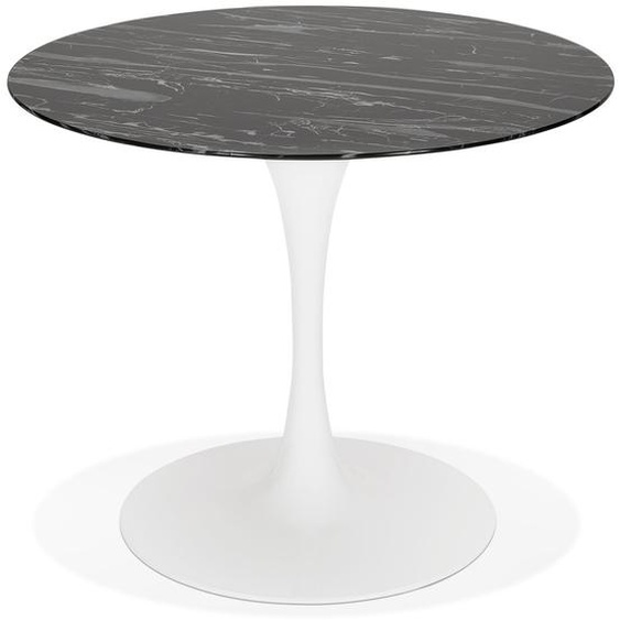 Table à manger GOST ronde en verre noir effet marbre et pied central blanc - Ø 90 CM