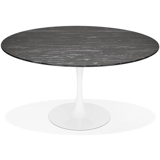 Table à manger SHADOW ronde en verre noir effet marbre et pied central blanc - Ø 140 CM
