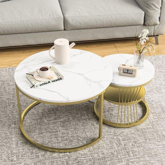 Table Basse de Salon, Lot de 2 Tables dAppoint Double Couche Tables Gigognes de Salon, Marbre Blanc et Métal Doré