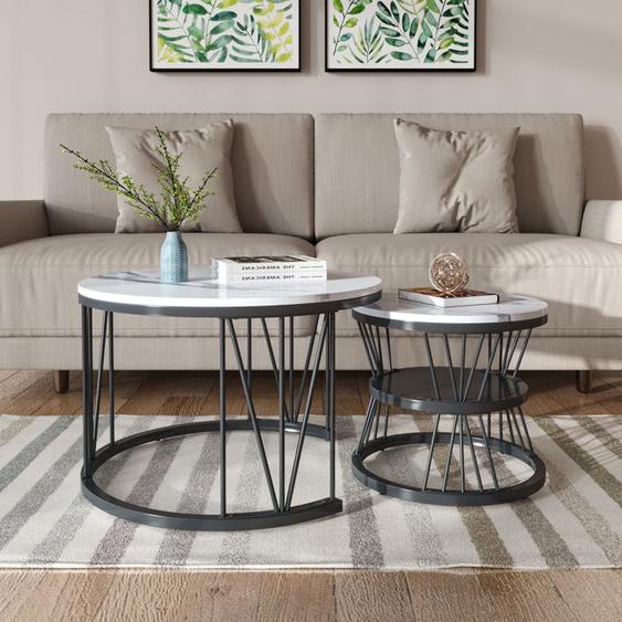 Table Basse Double Couche, Lot de 2 Table Basse Salon Table Gigogne Table dappoint, Marbre Blanc et Métal Noir