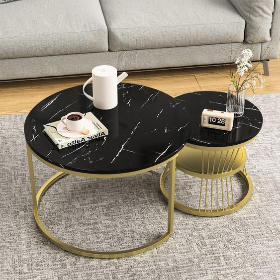 Table Basse Double Couche, Lot de 2 Table Basse Salon Table Gigogne Table dappoint, Marbre Noir et Métal Doré