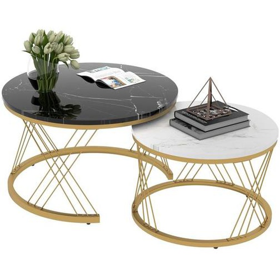 Table basse gigogne ronde moderne, 70*70*45 cm (L*w*H), MDF, placage de marbre, adaptée au salon, chambre, balcon,  blanc + noir