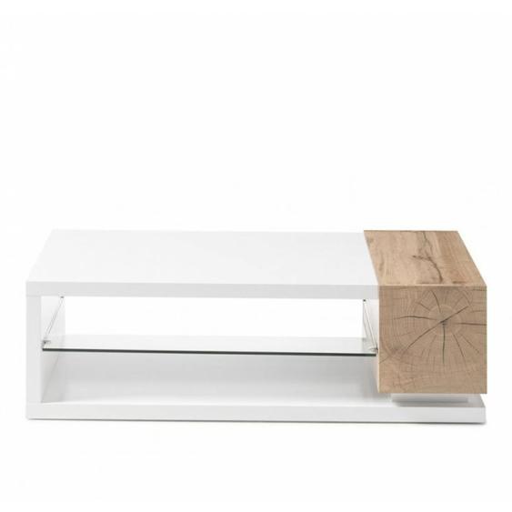 Table basse MARDIN 120 x 63 cm décor chêne noueux et blanc laqué blanc