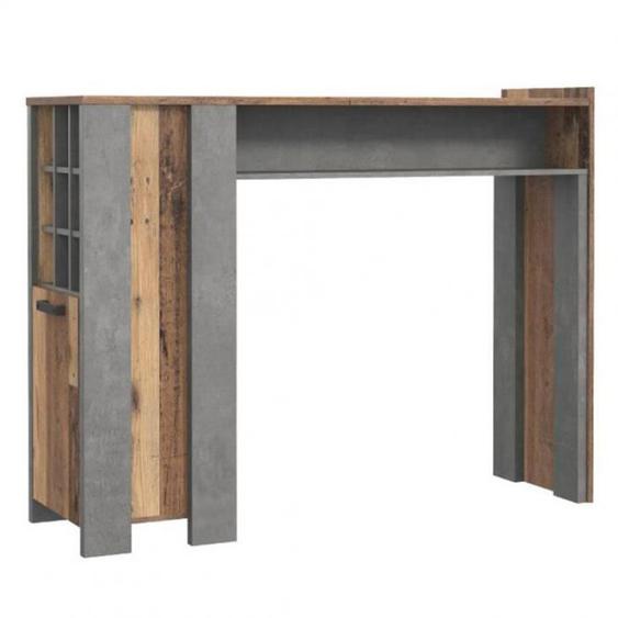 Table de bar 1 porte 9 niches effet bois vieilli / béton gris - BUCK