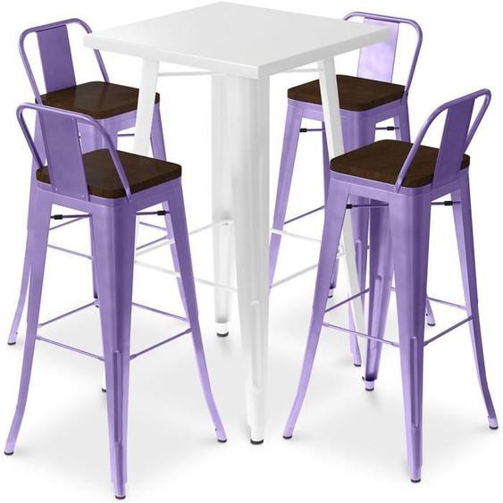 Table de bar blanche + X4 tabourets de bar en acier Ensemble Bistrot Metalix Design industriel  - Nouvelle édition Violet pastel