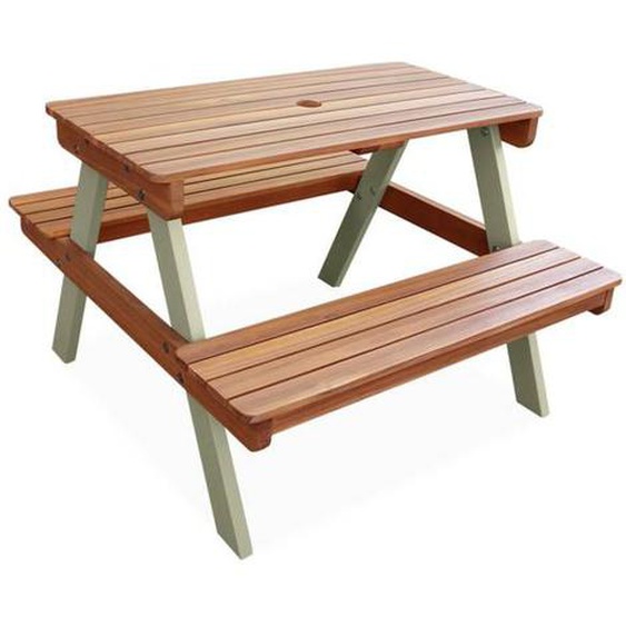 Table de pique-nique en bois dacacia pour enfant. 2 places. couleur teck clair et vert de gris