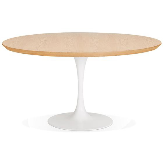 Table de salle à manger ronde BRIK en bois finition naturelle et pied central en métal blanc - Ø 140 cm