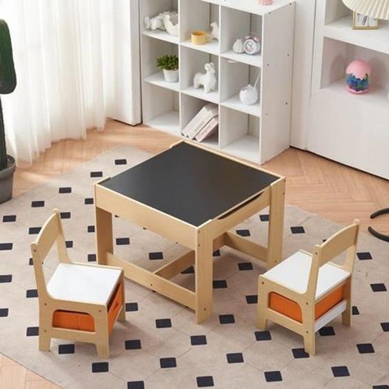 Table double face et 2 Chaises en Bois avec 2 Boîtes de Rangement pour Enfants