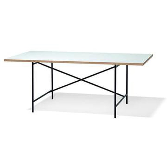 Table Eiermann 1 - mélaminé blanc/chant en chêne - 110 x 66 cm - noir - Entretoise au centre - 160 x 80 cm