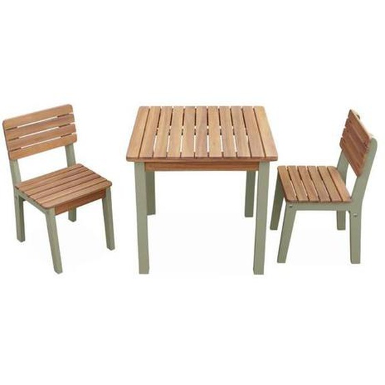 Table en bois dacacia  pour enfant. vert deau. intérieur et extérieur avec 2 chaises