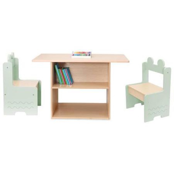 Table enfant + 2 chaises. avec étagères. vert