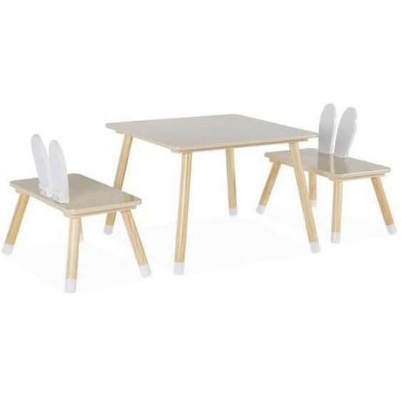 Table enfant + 2 chaises. pieds en pin. couleur blanc et bois