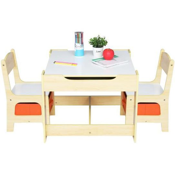 Table et 2 Chaises pour Enfant en Bois avec espace de rangement, 61,5 x 61,5 x 48cm