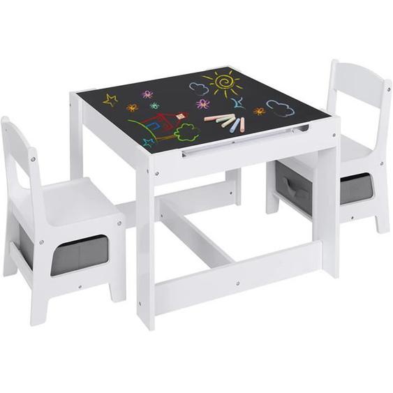 Table pour Enfants et 2 Chaises avec Tiroir, Table dactivité avec Tableau Noir et Un Rouleau de Papier Amovible à Dessiner, Blanc