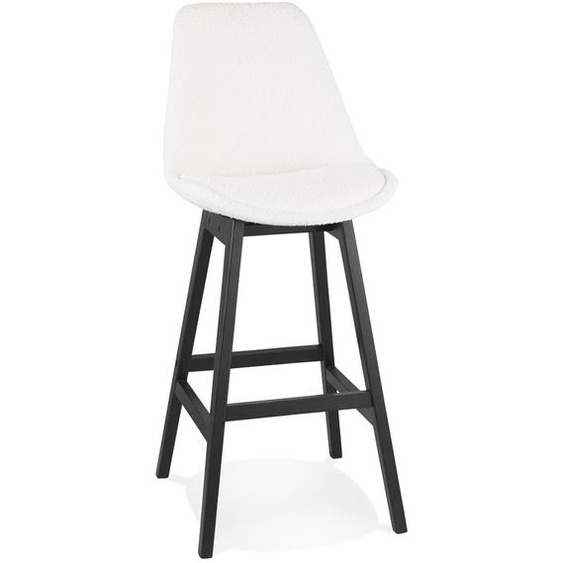 Tabouret de bar SANDRA en tissu bouloché blanc et pied en bois noir