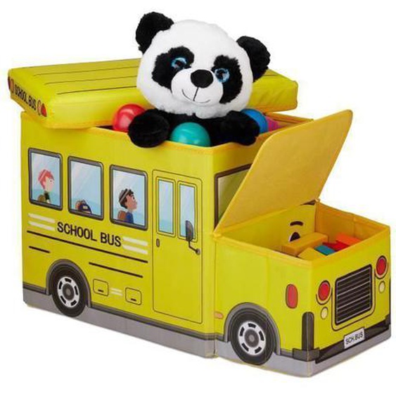 Relaxdays Tabouret Coffre à jouets boîte à jouets couvercle pouf enfant pliable bus école 50 litres, jaune