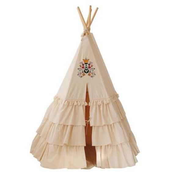 Tente Tipi Enfant Moi Mili Folk Honey - Beige/ Jaune - Froufrous Et Tapis De Coquillages Ou Tapis De Feuilles Beige