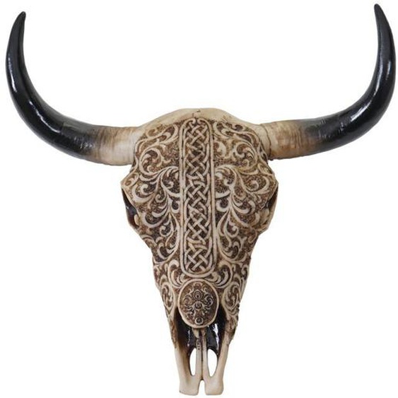 Tête de taureau decoration murale 31 cm trophee longhorn avec tribal en polyresine interieur/exterieur naturel 04_0002847