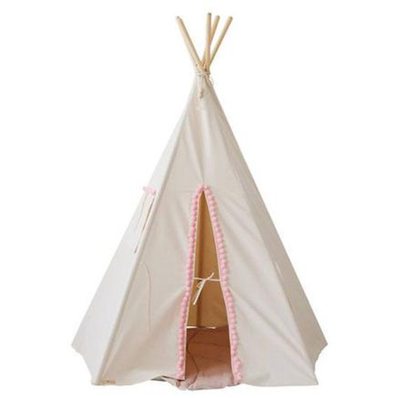 Tipi Enfant Moi Mili fluffy Pompoms - Blanc - 120x170cm - Tissu 100% Coton Et Tiges De Pin Blanc