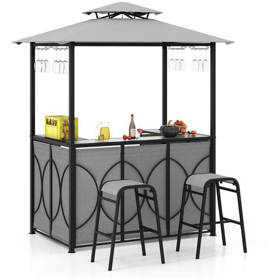 Tonnelle de Barbecue avec 2 Tabourets de Bar COSTWAY-Plateau en Verre Trempé-Etagères de Rangement-Auvent à Double Niveau-Gris