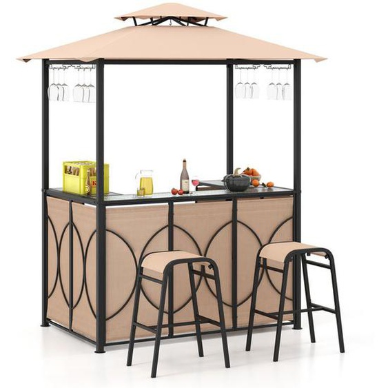 Tonnelle de Barbecue avec 2 Tabourets de Bar COSTWAY-Plateau en Verre Trempé-Etagères de Rangement-Auvent à Double Niveau-Marron