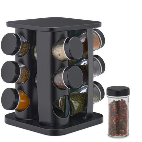 Relaxdays Tourniquet à épices avec 12 pots en verre, chacun étant doté dun embout tamiseur, remplir, acier inox, noir