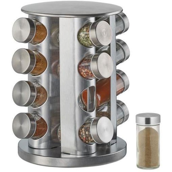 Relaxdays Tourniquet à épices, avec 16 pots, étagère rotative à 360°, inox, verre, présentoir, HxD 28 x 22 cm, argent