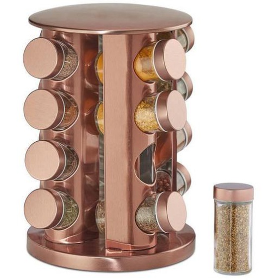 Relaxdays Tourniquet à épices, avec 16 pots, étagère rotative à 360°, inox, verre, présentoir, HxD 28 x 22 cm, cuivré