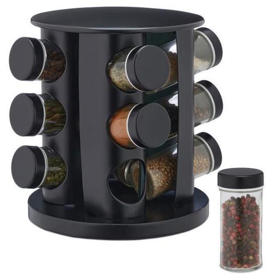 Relaxdays Tourniquet à épices avec 12 pots en verre, rotatif, embouts tamiseur, remplir, pour la cuisine, noir