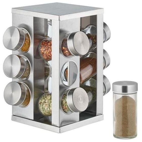 Relaxdays Tourniquet à épices, avec 12 pots, étagère rotative à 360°, inox, verre, manège, H x D 22 x 19 cm, argent