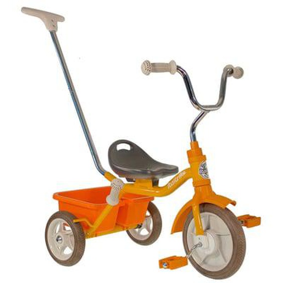 Tricycle métal orange avec canne et benne