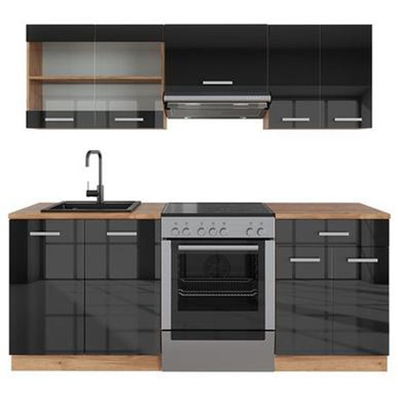 Cuisine R-Line, 200 cm , PT Marbre, Anthracite brillant/Chêne doré, Vicco