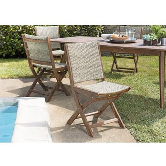 VICTOIRE - Ensemble de 2 chaises de jardin pliantes en bois Acacia et rotin synthétique