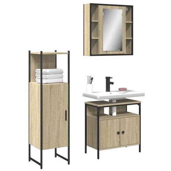 vidaXL Ensemble dArmoires de Salle de Bain 3 pcs, Placard avec Miroir, Meuble de Toilette avec Pieds Réglables, Industriel,